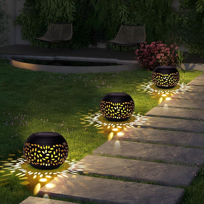 Solar Lanterns Outdoor Table Lights,2 Pack Outdoor Waterproof Decor, Hollow Out Retro Black Metal Solar Patio Lamps,Yard Porch Garden Balcony Indoor Desk Bedroom Tabletop Decorations