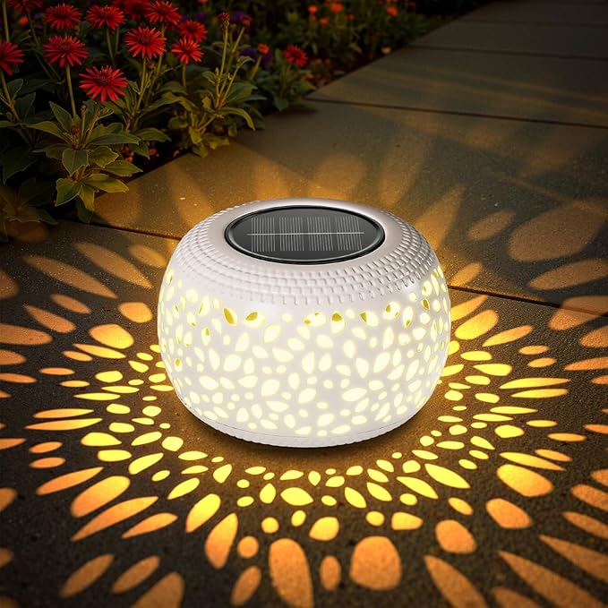 Solar Lanterns Outdoor Waterproof Lights: 2Pack White Hollow Out Metal Table Light, Outside Garden Yard Balcony Indoor Tabletop Lighting Decorations, Unique Gardening Gifts for Women Mom