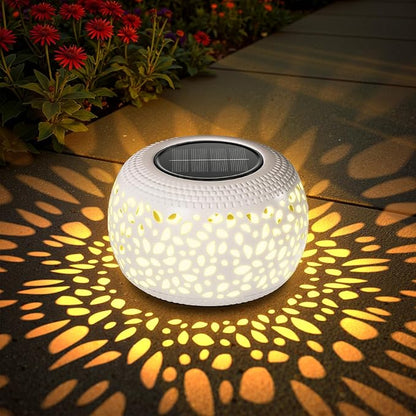 Solar Lanterns Outdoor Waterproof Lights: 2Pack White Hollow Out Metal Table Light, Outside Garden Yard Balcony Indoor Tabletop Lighting Decorations, Unique Gardening Gifts for Women Mom