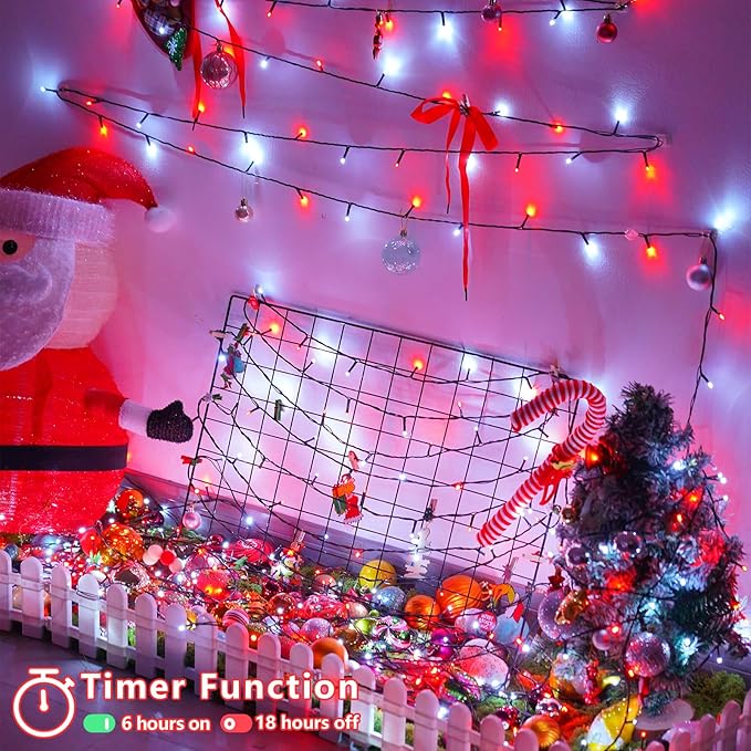 YEGUO Christmas Lights Battery Operated, 2 Pack Each 33ft 100 LED Red and White String Lights Outdoor Waterproof, 8 Modes Green Wire Fairy Light Indoor with Remote