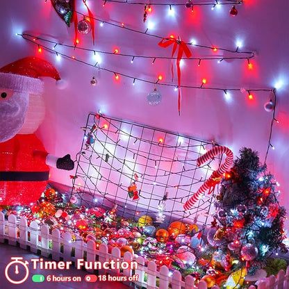 YEGUO Christmas Lights Battery Operated, 2 Pack Each 33ft 100 LED Red and White String Lights Outdoor Waterproof, 8 Modes Green Wire Fairy Light Indoor with Remote