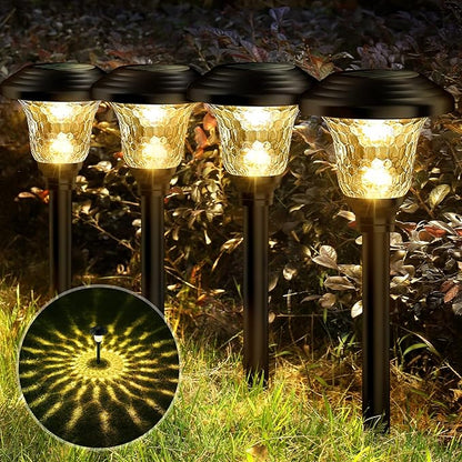 Glass Solar Lights Outdoor waterproof, 2 Pack Super Bright Solar Pathway Lights, Up to 12 Hrs Long Last Auto On/Off Garden Lights Solar Powered, Stainless Steel LED Light For Yard Landscape Warm White