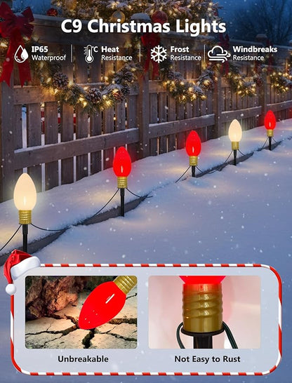 2 Pack Jumbo C9 Christmas Pathway Lights, 14FT Red & White LED Outdoor Path Lights, Waterproof Connectable Giant C9 Pathway Markers for Yard, Garden, Walkway, Christmas Decorations