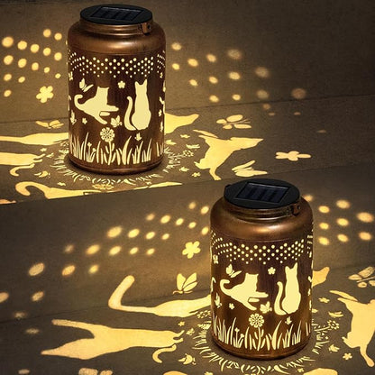 2 Packs Cat Gifts Solar Lanterns Outdoor Waterproof, Birthday Gifts for Women, Mom, Metal Hanging Solar Lights Outdoor for Patio Porch Yard Backyard Garden Decor
