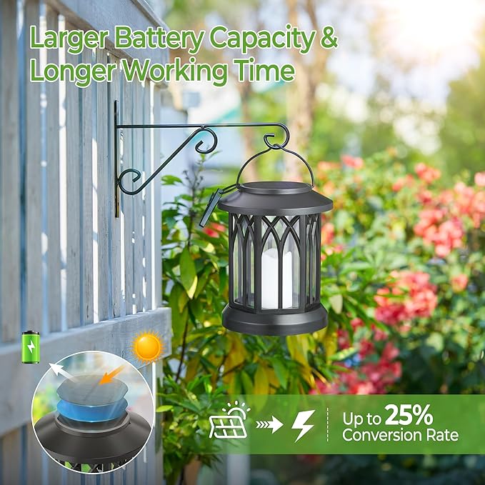 KOOPER 2 Pack Solar Lantern Outdoor Lights, Hanging Solar Lanterns Outdoor Waterproof, Lanterns Decorative Outdoor LED Flickering Flameless Candle Mission Lights for Yard Table Garden (Black)
