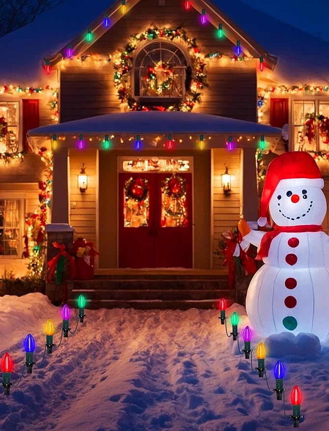 C9 LED Christmas Pathway Lights Outdoor 38Ft 25 LED C9 Multicolor Bulbs Christmas Pathway Stakes Lights, Connectable Outdoor Walkway Lights for Yard Patio Sidewalk Driveway Garden Lawn Decor