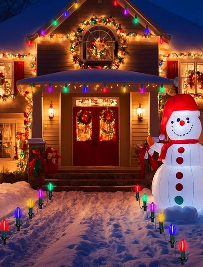 C9 LED Christmas Pathway Lights Outdoor 38Ft 25 LED C9 Multicolor Bulbs Christmas Pathway Stakes Lights, Connectable Outdoor Walkway Lights for Yard Patio Sidewalk Driveway Garden Lawn Decor