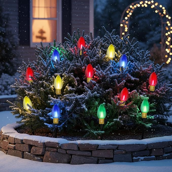 Jumbo Outdoor Christmas Lights Pathway, 2 Pack 7 Ft Jumbo C9 LED Christmas Pathway Lights Outdoor with Marker Stakes, 8 Multicolor Bulbs Holiday Pathway Lights for Lawn Yard Decor