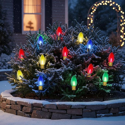 Jumbo Outdoor Christmas Lights Pathway, 2 Pack 7 Ft Jumbo C9 LED Christmas Pathway Lights Outdoor with Marker Stakes, 8 Multicolor Bulbs Holiday Pathway Lights for Lawn Yard Decor