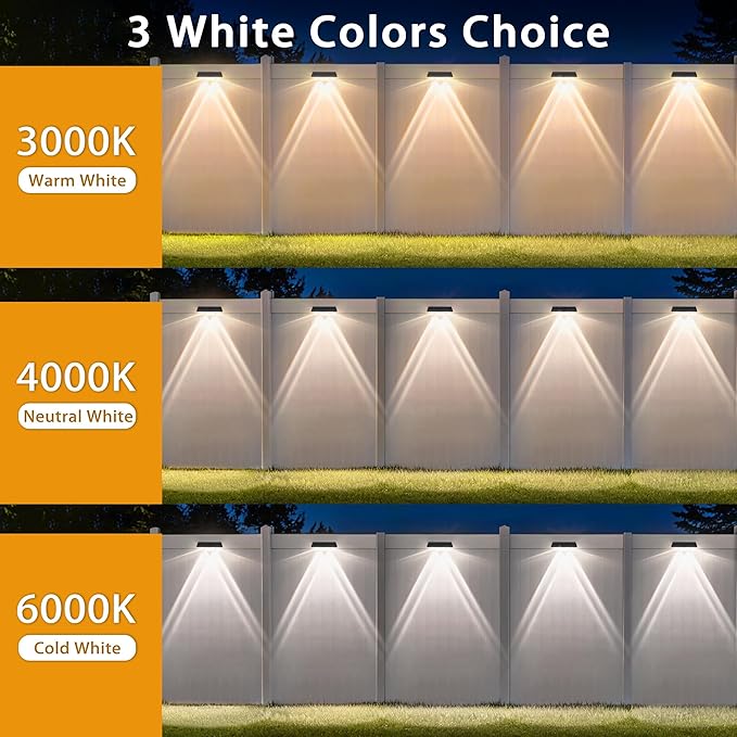 Solar Fence Lights Outdoor, 2-Pack 120LM Fence Lights Solar Powered, IP67 Waterproof Dusk to Dawn Auto On/Off 12+ Hours for Outside/Backyard/Wall/Step/Patio/Deck/Pool (3000K/4000K/6000K White)