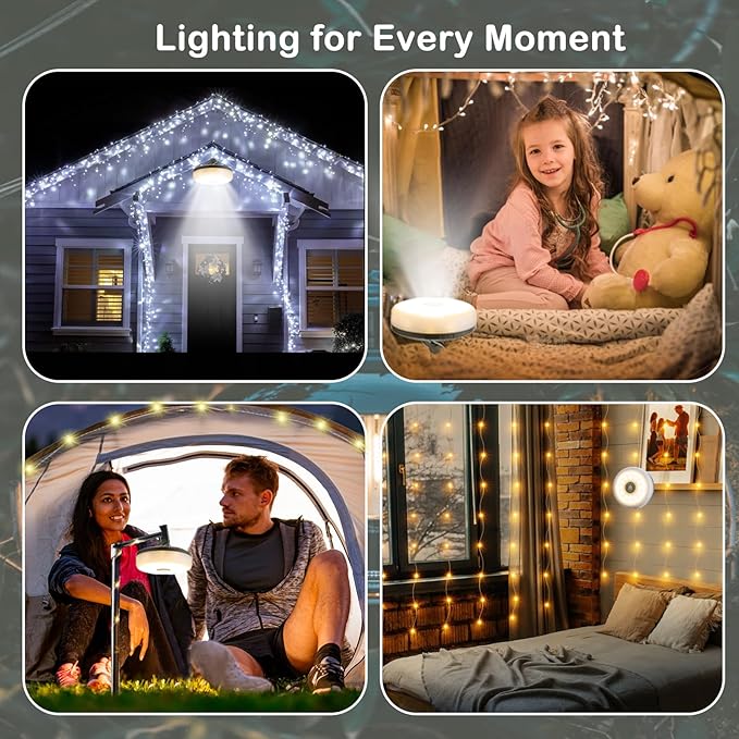 Camping String Lights, 4 in 1 Outdoor Camping Lantern with 8 Lighting Modes(32.8Ft), Quick 30s Recovery, Waterproof, Type-C Fast Charging, Portable Lights for Camping/Yard/Hiking