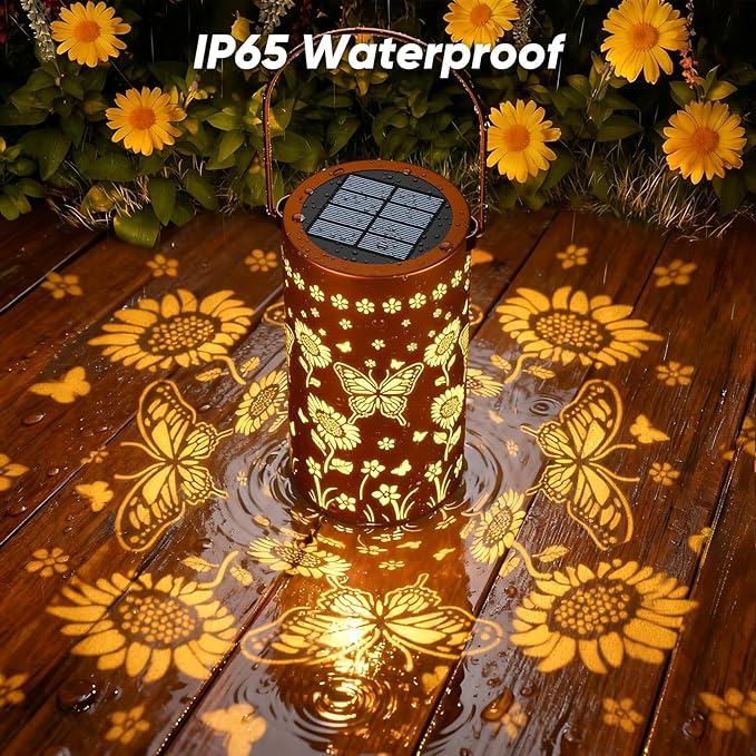 Solar Lanterns Outdoor Waterproof - Decorative Shadow Lantern with Sunflower Butterfly Pattern Design for Garden Patio Yard, Womens Gifts for Homeowners and Couples - 2 Pack