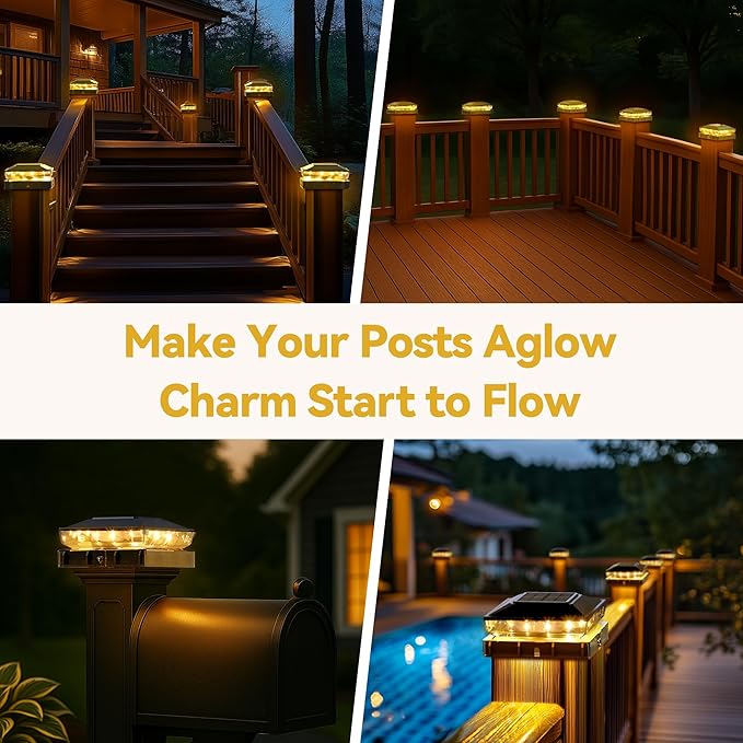 Solar Post Cap Lights, 2 Pack Upgraded Outdoor Deck Fence Post Solar Lights for 4x4 5x5 Wood/Vinyl Posts, IP65 Waterproof, 10-12 Hours Warm White Glow for Garden/Patio/Porch - Black