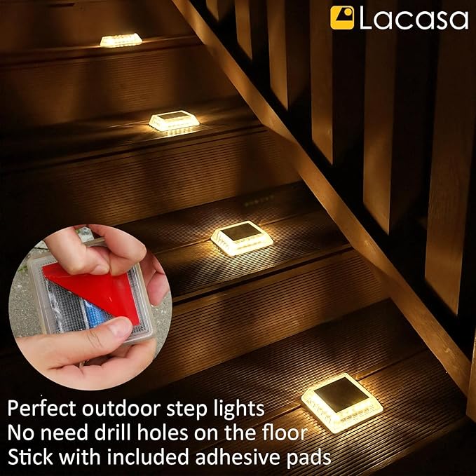 Lacasa Solar Deck Lights, 4 Pack 30LM LED Dock Light Warm White 2700K, Outdoor Solar Powered Step Light Up All Night IP68 Waterproof Auto ON/Off for Garden Stairs Driveway Pathway