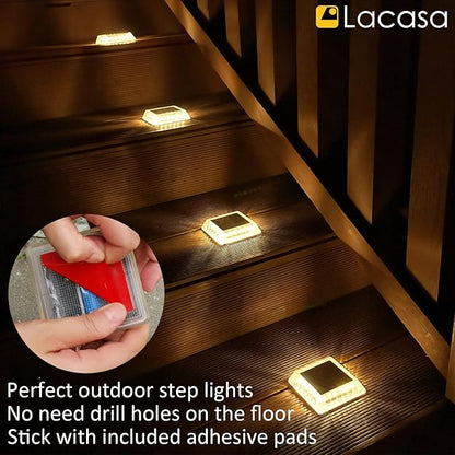 Lacasa Solar Deck Lights, 4 Pack 30LM LED Dock Light Warm White 2700K, Outdoor Solar Powered Step Light Up All Night IP68 Waterproof Auto ON/Off for Garden Stairs Driveway Pathway