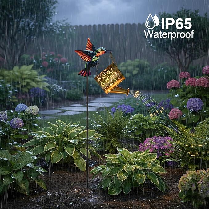 Solar Watering Can with Cascading Lights Outdoor Garden Decor,Solar Hummingbird Lights Shaped Hook Gardening Gifts, Hanging Garden Lights for Patio Yard Lawn Porch Outdoor Decoration
