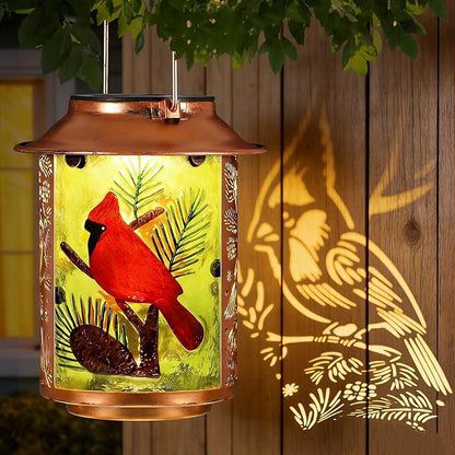 10" H Cardinal Solar Lanterns Outdoor, Metal Glass Hanging Solar Lanterns with Hollow Out Retro Cardinal Lights, Decorative for Garden Yard Patio Pathway Tabletop Gifts