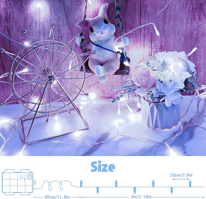 String Lights Outdoor Waterproof 9.8ft 30 LED, Cool White Fairy Lights Battery Operated with Timer Clear Wire for Indoor & Outdoor Decorations Garland Party Garden