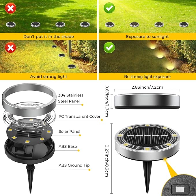 24 Pack Solar Ground Lights Outdoor, 8 LED Mini Flat Solar Disk Lights, IP65 Waterproof Anti-Rust Disc Light, Landscape Lighting for Garden Pathway Yard Walkway Driveway Lawn,Warm White