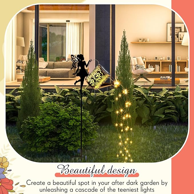 Honoson Solar Watering Can with Lights Solar Outdoor Garden Decor Fairy Water Can Hanging Lantern Landscape Sprinkle Waterproof Twinkle LED Decorative Gift for Women Yard Patio Pathway