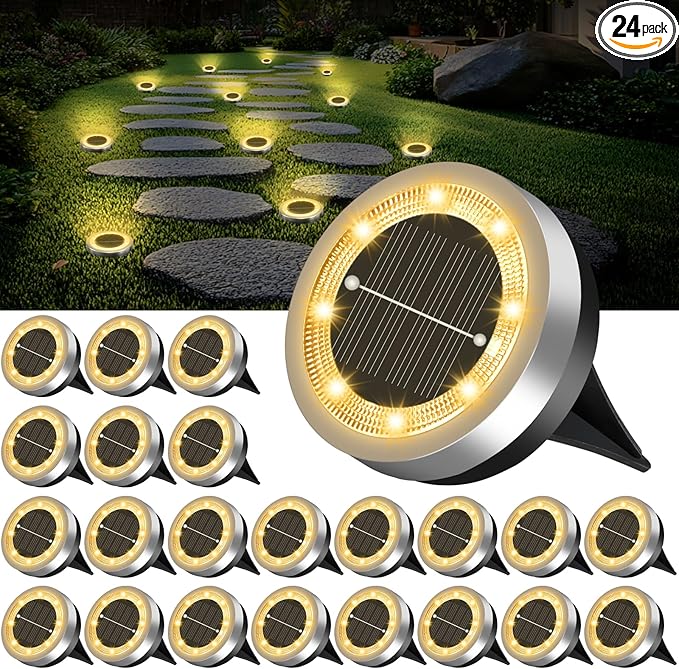 24-Pack Warm White In-Ground Solar Lights, Flat LED Driveway