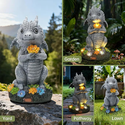 Solar Garden Outdoor Statues Dragon with Succulent, Lawn Decor with LED Lights, Outside Statue for Patio, Balcony, Yard Ornament, Housewarming Valentine's Day Gift for Wife Mom Grandma