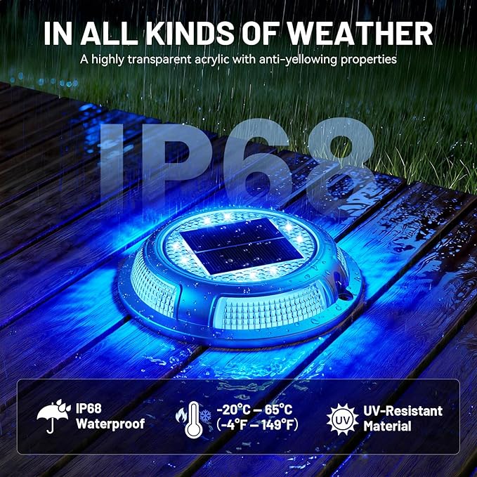 Solar Driveway Lights, 8 Pack Heavy Duty Driveway Lights Solar Powered 2 Color Mode (Cool White/Blue) IP68 Waterproof Outdoor Solar Deck Lights with Ground Stake for Pathway Garden Yard Walkway Dock