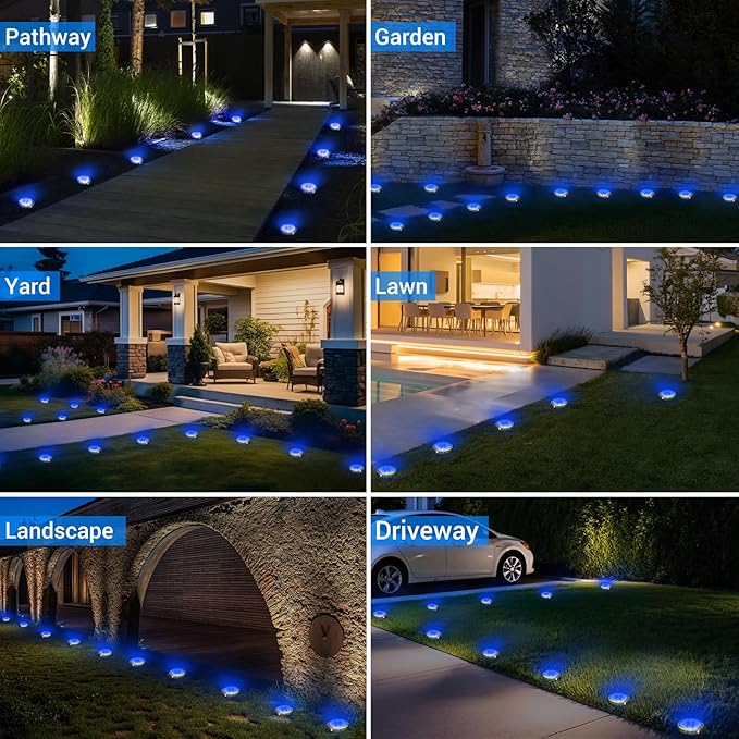 Peasur Solar Ground Lights Outdoor, 12 Pack Flat Solar Powered Disc Lights, IP68 Waterproof, Anti-Rust, Landscape Lighting for Pathway Garden Yard Lawn Walkway Landscape Driveway, Blue