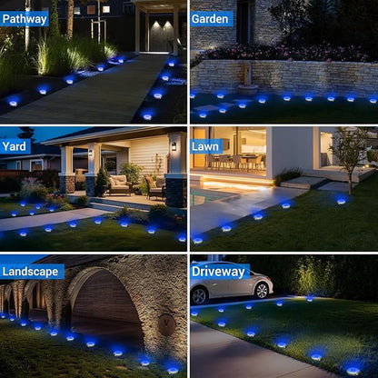 Peasur Mini Solar Ground Lights Outdoor, 8 Pack Flat Solar Powered Disc Lights, IP68 Waterproof, Anti-Rust, Landscape Lighting for Pathway Garden Yard Lawn Walkway Landscape Driveway, Blue