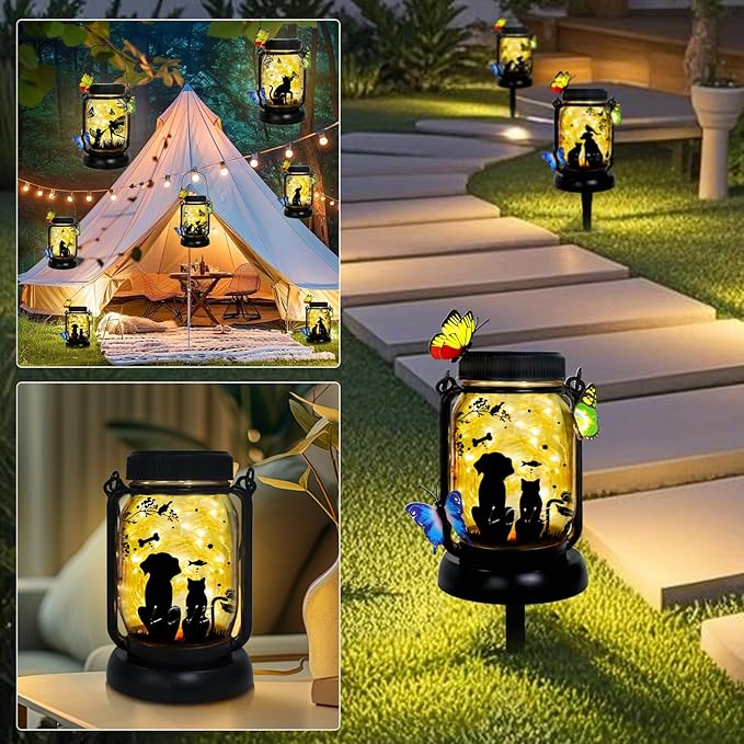 Dog Solar Lanterns Outdoor Garden Solar Dog Lights Dog & Cat Lover Gifts for Women Mom Grandma, Butterfly Fairy Lights Waterproof Hanging Mason Jar Lamps (Dog Cat Butterfly)