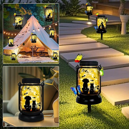 Dog Solar Lanterns Outdoor Garden Solar Dog Lights Dog & Cat Lover Gifts for Women Mom Grandma, Butterfly Fairy Lights Waterproof Hanging Mason Jar Lamps (Dog Cat Butterfly)
