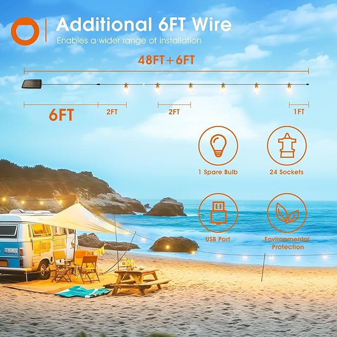 addlon 54FT Solar String Lights Outdoor Waterproof with USB Charging & Remote Control - Dimmable Solar Power Patio Lights with 26 LED Bulbs for Porch, Garden, Yard, Market, Bistro - Lasts 20+ Hrs