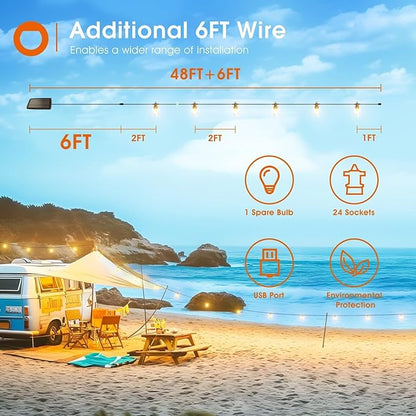 addlon 54FT Solar String Lights Outdoor Waterproof with USB Charging & Remote Control - Dimmable Solar Power Patio Lights with 26 LED Bulbs for Porch, Garden, Yard, Market, Bistro - Lasts 20+ Hrs