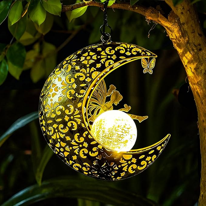 Solar Garden Fairy Statues Decor Hanging Lights,Outdoor Moon Decorations Metal Yard Art,Housewarming for Patio,Wall,Fences,Trail,Great Gift Idea for Gardening Mom and Grandma