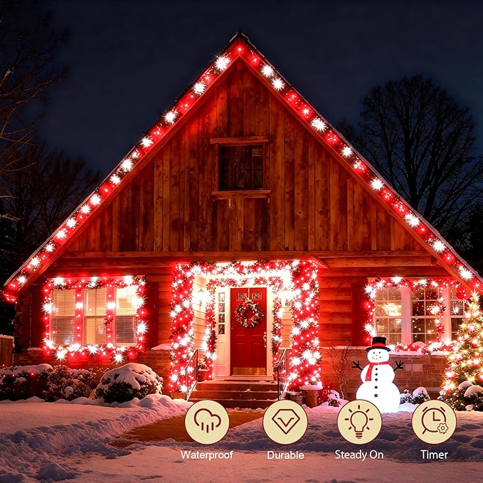 Red and White Christmas Lights Outdoor Battery Operated, Chrristmas String Lights with Timer Waterproof Clear Wire for Indoor & Outdoor Christmas Decorations Garland Party Garden