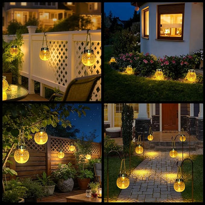 DBF Solar Lanterns Outdoor Waterproof, 4 Pack Hanging Solar Lights Outdoor Garden Decor, Amber Warm & RGB LED Globe Cracked Glass Ball Lantern for Yard Tree Fence Patio Porch Events Deck Pathway