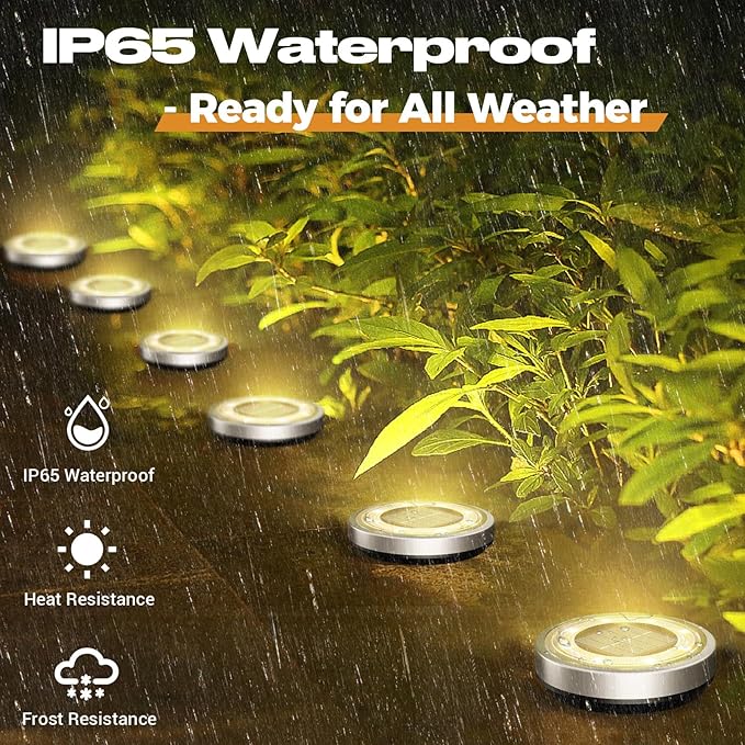 18-Pack Solar Ground Disk Lights, Warm White Waterproof LED