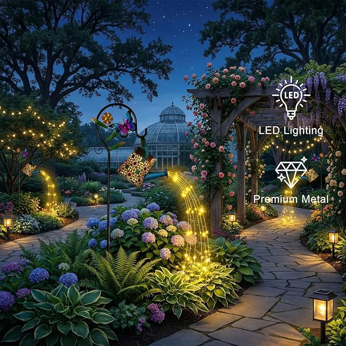 Solar Watering Can with Cascading Lights Outdoor Garden Decor,Waterproof Solar Lantern with Butterfly Shepherd Hook,Hanging Garden Lights for Outdoor Decoration,Unique Garden Gifts for Women