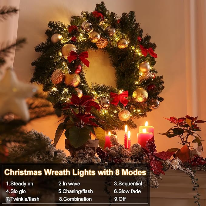 4 Pack- Battery Operated Outdoor Tree String Lights with 50 Warm White LEDs on 16.5ft/5m of Dark Green Cable,Outdoor Battery Xmas Wreath Lights with Timer for Christmas Yard Holiday Decoration