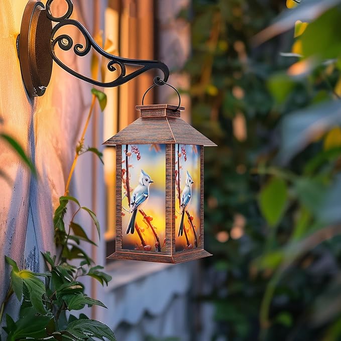Solar Lanterns Outdoor, Waterproof Blue Jay Garden Hanging Lanterns with LED Flickering Flameless Candles for Mom Grandma Women Lantern Decorative Outdoor for Christmas, Yard, Garden Decor