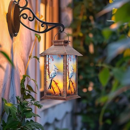 Solar Lanterns Outdoor, Waterproof Blue Jay Garden Hanging Lanterns with LED Flickering Flameless Candles for Mom Grandma Women Lantern Decorative Outdoor for Christmas, Yard, Garden Decor