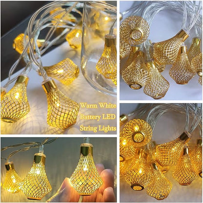 Moroccan Lantern String Lights Battery Powered 10Ft Fairy Lantern Lights 20 LED Golden Raindrop Lights, Warm White String Lights for Outdoor, Patio, Garden, Tent, Bedroom, Party, Wedding, Xmas Decor