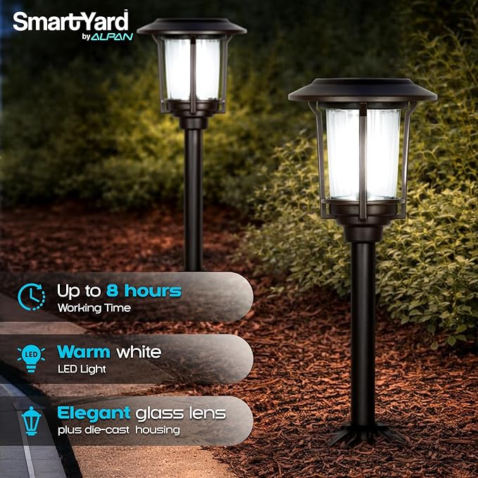 Solar Pathway Lights – Pack of 6, 6 Lumens, Warm White LED, Bronze Finish, Durable Die-Cast Aluminum & Stainless Steel with Glass Lens, Outdoor Garden Lighting, LED Solar Pathway Lights
