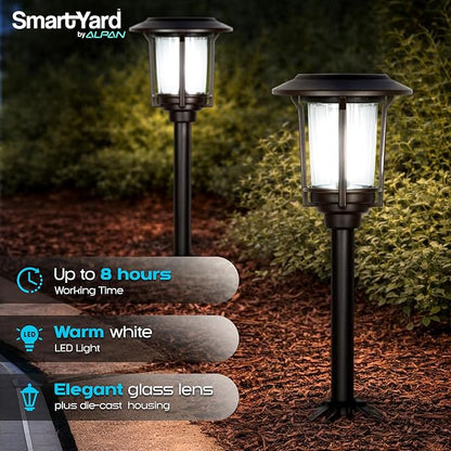 Solar Pathway Lights – Pack of 6, 6 Lumens, Warm White LED, Bronze Finish, Durable Die-Cast Aluminum & Stainless Steel with Glass Lens, Outdoor Garden Lighting, LED Solar Pathway Lights