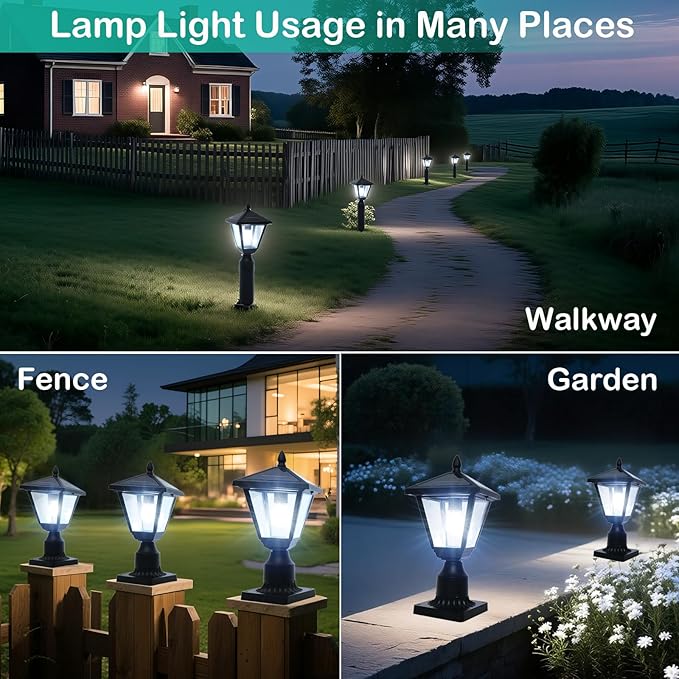 Solar Post Lamp Lights, Metal and Glass Built Dusk to Dawn Solar Post Lights with Pier Mount Base, 6000K Outside Lights Outdoor Waterproof for Garden Yard Pole Pillar(Cool White)