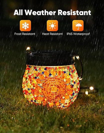 Mosaic Solar Lights Outdoor 2 Pack, Solar Hanging Lanterns Christmas Halloween Gifts for Women Mom Grandma, Waterproof Glass Globe Lights, Garden Patio Decor for Yard, Tree, Balcony, Warm