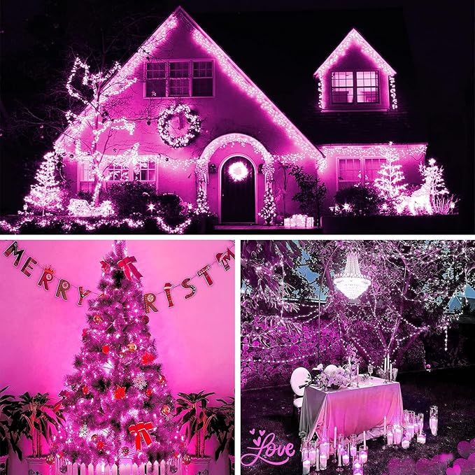 Solar Pink Valentine String Lights Outdoor, 2-Pack Total 80FT 200 LED Solar Twinkle Lights Outside Waterproof Copper Wire 8 Modes Fairy Lights for Garden Tree Party Birthday Xmas Valentines Day Decor