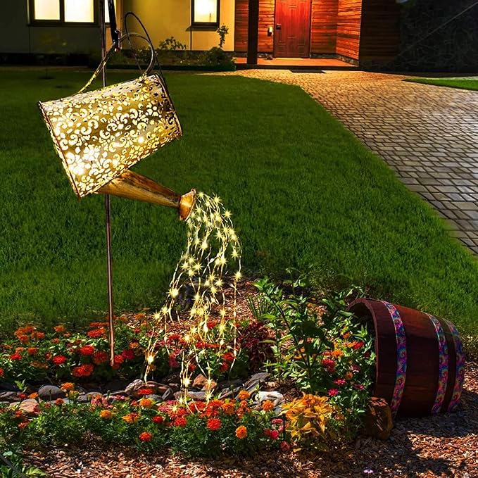 Solar Watering Can Garden Lights - Solar Lights Outdoor Garden Ornaments Waterproof Large Yard Statues Retro Copper Decorations for Home Patio with 35" Shepherd Hook