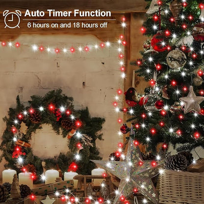 Joomer Battery Christmas Lights, 66ft 200LED Fairy Lights Battery Operated Timer 8 Modes Waterproof for Outdoor Home Garden Party Holiday Christmas Trees Decoration (Red White)