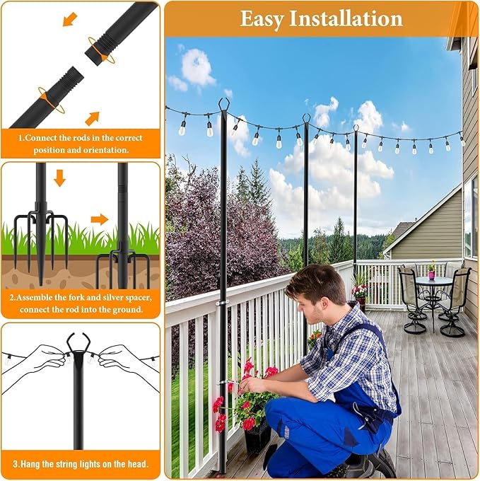4 Pack String Light Poles,10 Ft Light Poles for Outside String Lights,Outdoor Lights Pole with Fork,Metal Poles Stand for Patio Deck Backyard